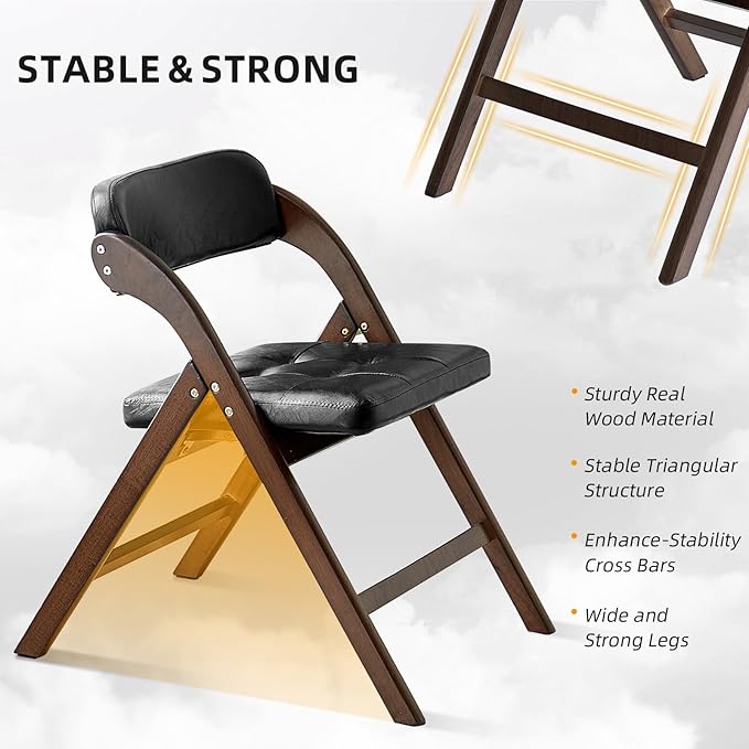 2 Pack Wooden Folding Chair with Padded Seat, Stackable Wooden Foldable Chair, Folding Chairs with Cushion for Guests Kitchen, Bedroom, Office, Wedding, Library, Party, Picnic (Walnut Black)