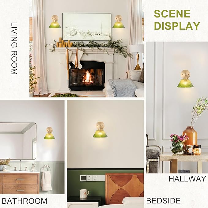 Hardwired Wall Sconce Light, Vintage Wall Sconce with Switch, Gold Wall Light Fixture with Gradient Green Glass Lampshade, Indoor Wall Light for Bedroom Bathroom, Bedside Wall Lamp