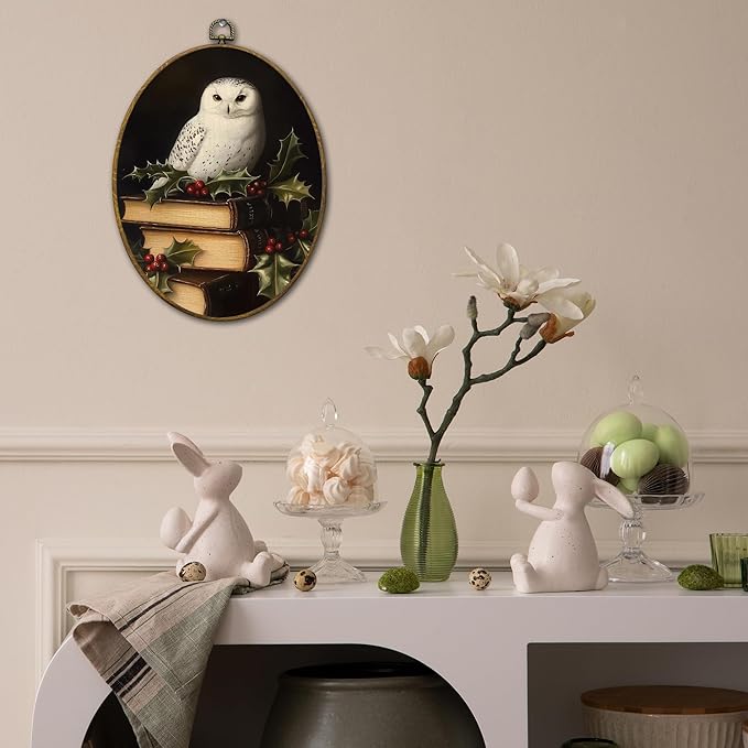 QZQE Christmas Owl Oval Wall Art Decor Framed, Bookish Dark Academia Oval Canvas Prints, Rustic Winter Decor, Gothic Xmas Festive Owl Wall Hanging Decor for Gallery Home Bedroom, 8.6x11.4 Inch