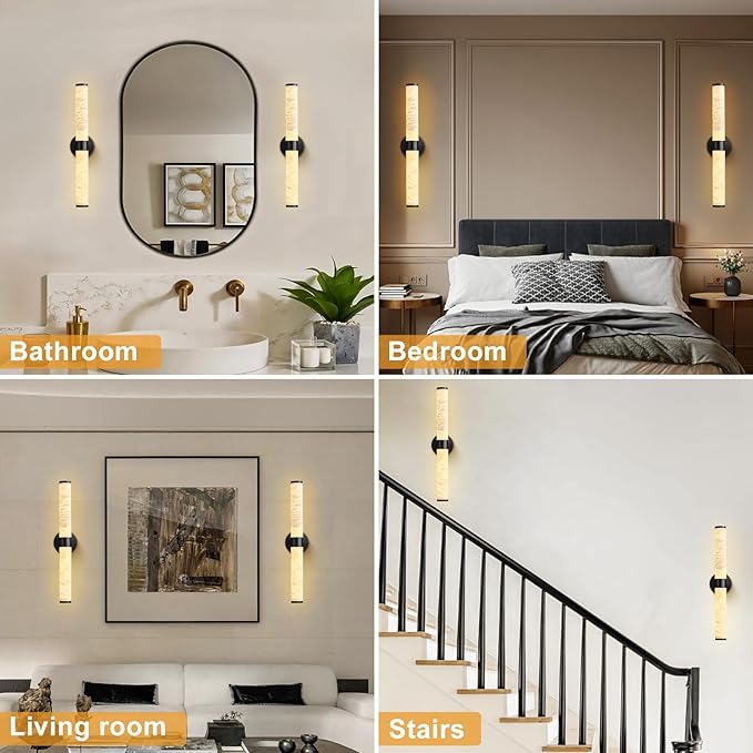 Alabaster Wall Sconce - 24" Black Wall Sconce Light, Modern Natural Spanish Marble Sconces Wall Lighting, Bathroom Vanity Sconces Wall Lights for Living Room, Bedroom, Hallway, Stairs, Matte Black