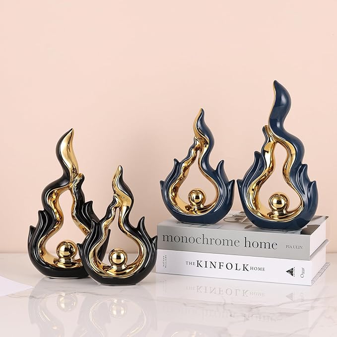 2 Pcs Black and Gold Ceramic Sculptures for Home Decor, Modern Abstract Art Statues, Centerpieces for Dining Room Table, Living Room, Shelf, Mantel, Coffee Table, Entryway Accent Decorations