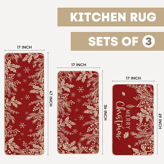 Artoid Mode Holly Pine Branches Leaves Merry Christmas Kitchen Mats Set of 2, Winter Decor Low-Profile Kitchen Rugs for Floor - 17"x29"+17"x36"+17"x47"