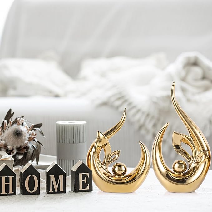 13" H Bright Gold Abstract Sculptures Home Decor, Ceramic Art Statue Cool Stuff to Put on Shelves&tv Stand Decor, Gold Accent Entertainment Center, for Fireplace Coffee Table Dining Table Decorate