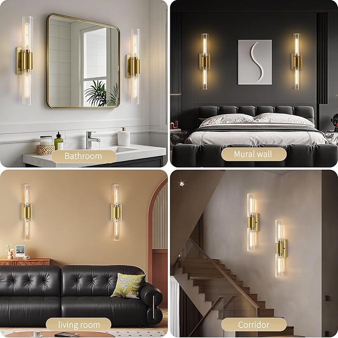 21" Gold Wall Sconces Set of Two, 2-Light Bathroom Sconces Vanity Light Tube Sconce, Clear Glass Indoor Hardwired Mounted Wall Lighting for Living Room,Bedroom,Hallway-Gold Clear (Bulb Not Included)