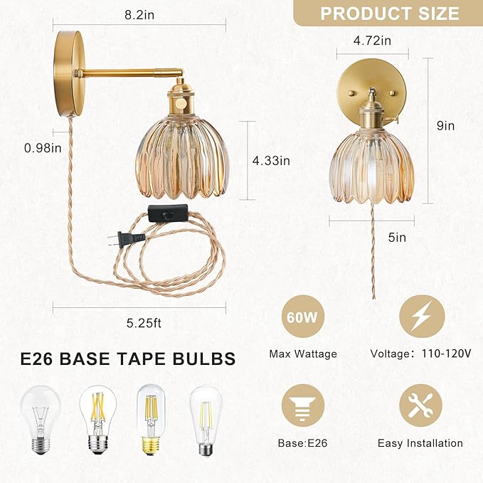 Plug in Wall Sconce, Vintage Sconce Light with Tulip Amber Glass Lampshade, 180° Adjustable Wall Sconce with Switch and Plug in Wall Lamp Cord, Gold Wall Light for Bedroom Bedside