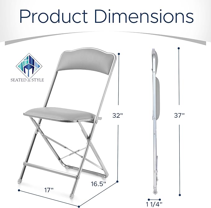 Folding Chairs with Padded Seats 4 Pack - Foldable Chair with Heavy-Duty Steel Frame, Elegant Party Bridge Chairs for Outside, Home, Office, Indoor & Outdoor Events - Silver/Grey