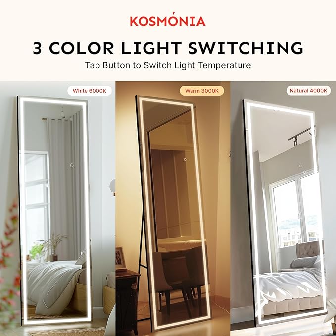 Kosmonia 68x24 Frameless Full Length Mirror, Dimmable 3 Color LED Light w/Memory Function, Distortion Free, HD Reflection & Anti Desilvering, Tempered Glass & Shatter Proof Film Doubling Safety