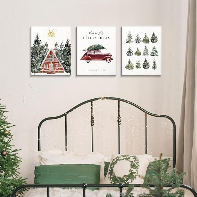 DSHFG Vintage Christmas Wall Gifts for Women Housewarming, Rustic Wall Art Canvas Framed Set of 3, Farmhouse Christmas House Trees Car Wall Decor for Home Living Room Bedroom, 14x11 Inch