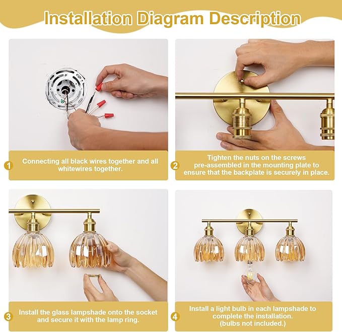 Vintage Bathroom Light Fixtures,3-Light Hardwired Vanity Lights Over Mirror,Gold Wall Sconces with Clear Tulip Glass Shade for Bathroom Living Room,E26 Socket(Bulbs Not Included)