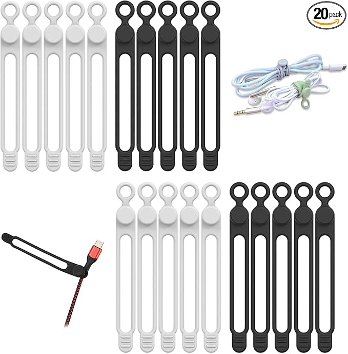 20pcs Silicone Cable Ties,Reusable Cable Management Organizer, Wire Ties,Travel Cord Ties,Cord Organizer for Bundling Cable Cords in Home,Office,Kitchen,School(White Black)