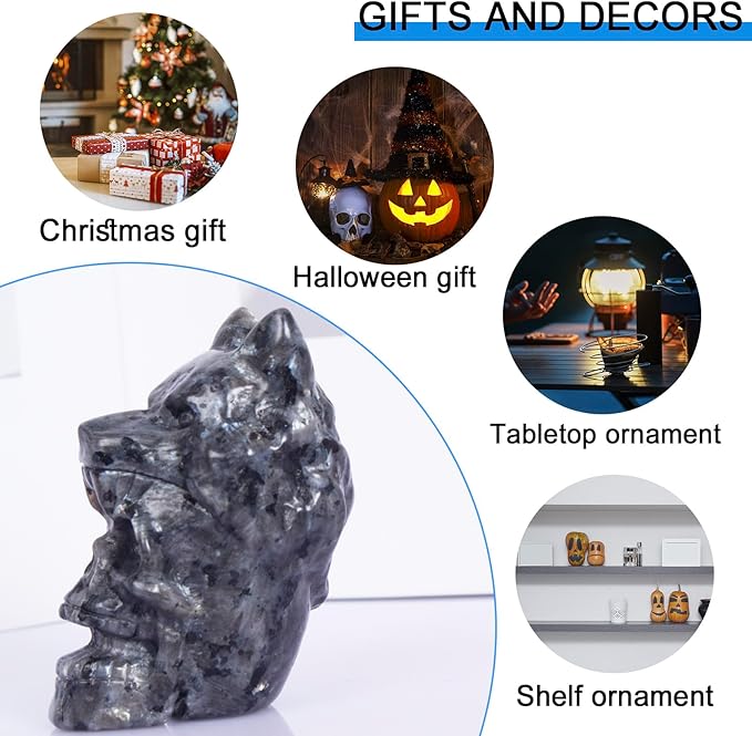 2.17 Inch Crystal Skull with Wolf Head Figurine Decor, Larvikite Skull with Wolf Head Statue Decor for Home Office Desk, Hand Carved Healing Crystal Animal Statues Gifts for Women Men