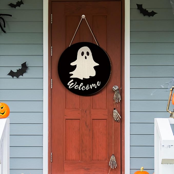 3 Pcs Happy Halloween Door Decorations Halloween Wreath Cute Ghost Pumpkin Front Door Decor Bat Hat Welcome Hanging Sign Wooden Front Hanger for Farmhouse Wall Indoor Home Decor