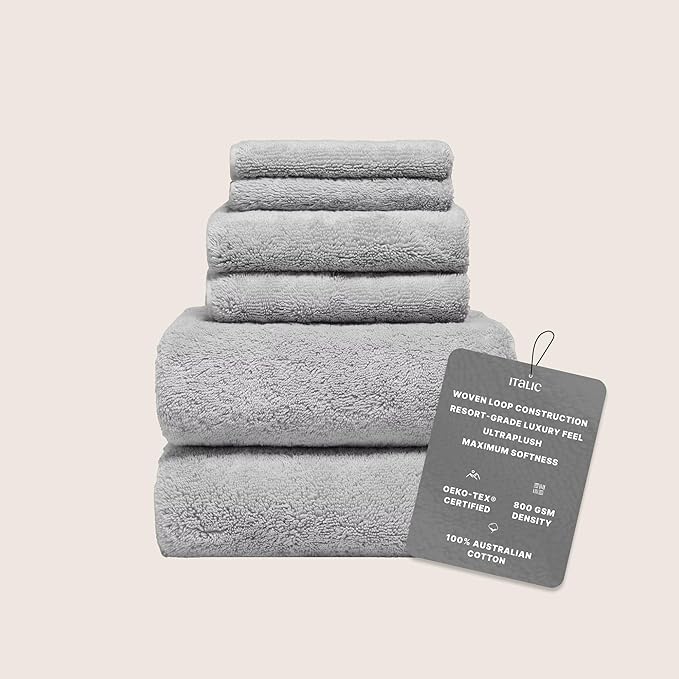 Italic Ultraplush 100% Australian Cotton Towels Standard 6 Piece Set, 2 Bath, 2 Hand, 2 Washcloths, 800GSM Lightweight, Highly Absorbent Quick Dry Soft Resort Grade Towels (Light Gray)