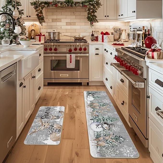 Artoid Mode Xmas Trees Deer Snowflakes Christmas Kitchen Mats Set of 2, Winter Home Decor Low-Profile Kitchen Rugs for Floor - 17x29 and 17x59 Inch