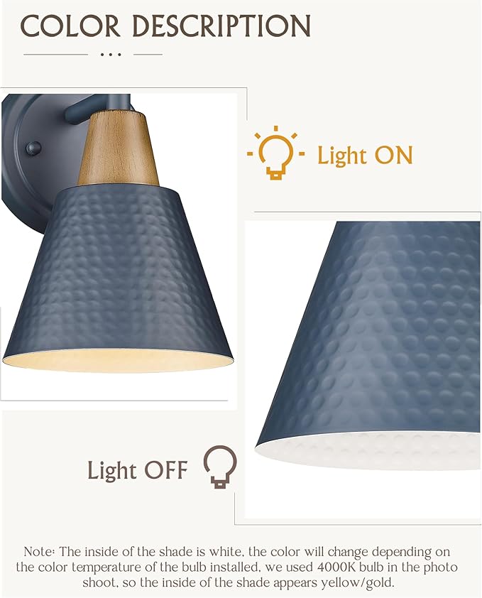 FEMILA Modern Wall Sconces Set of 2, 1-Light Wall Lighting Bathroom Sconces Single Vanity Light, Hammered Metal Shade, Dark Blue,4FG59B-2 Blue