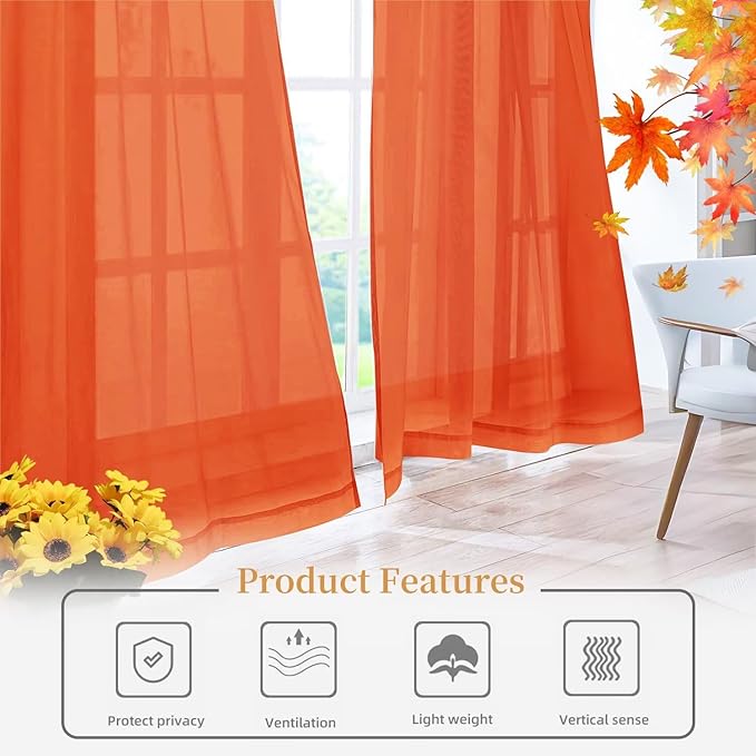 Sheer Curtains 45 Inches Long 2 Panels, Rod Pocket Short Curtain for Kitchen, Bedroom, Cafe Window(Burnt Orange 38" W x 45" L)
