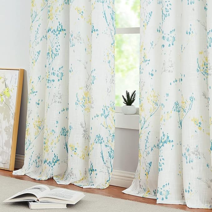 Tree Semi Sheer Curtains for Living Room Bedroom Teal Yellow and Grey Branch on White Window Curtains 63 inch Long Watercolor Print Curtain Panels Grommet Top 2pcs