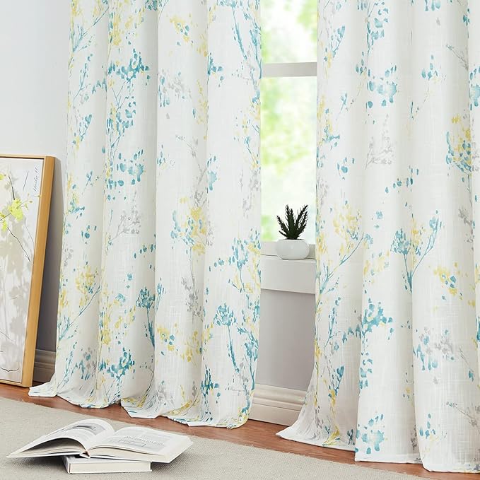 Treatmentex Branch Semi Sheer Curtains for Living Room Yellow White Print Curtains for Bedroom 95 inch Length Teal and Grey Watercolor Window Panels with Multicolor Design Grommet Top 2pcs