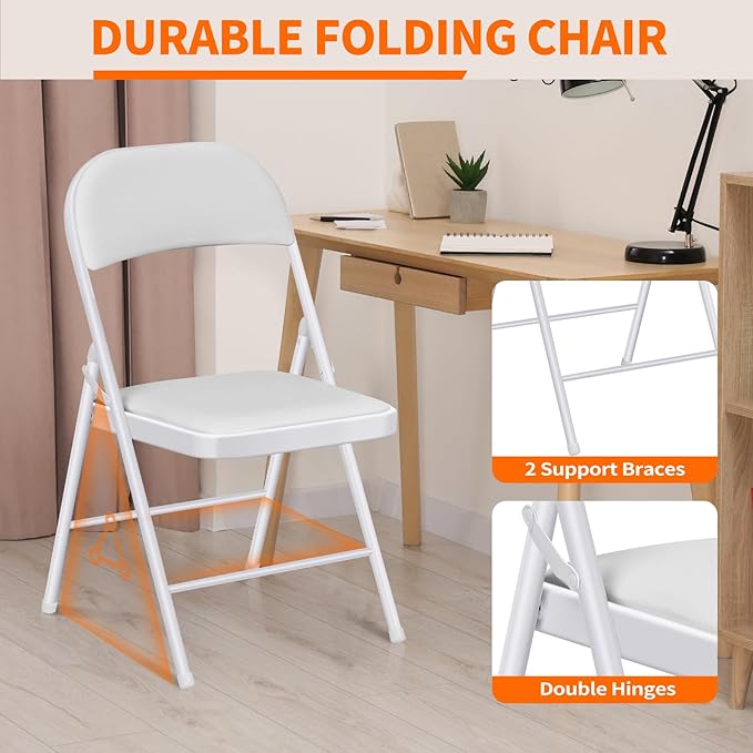 1 Pack Folding Chairs with Cushion Padded - Metal Chairs w/Comfortable Seats and Durable Steel Frame Foldable Chair for Indoor Outdoor Wedding, Party, Backyard & Office Events (White, 1 Pack)