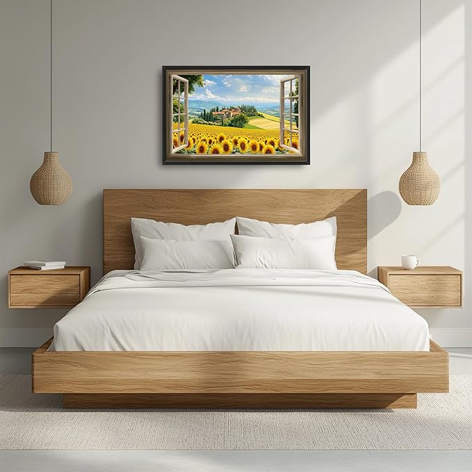 Sunflower Wall Art, Italy Pictures Wall Decor, Window Flower Canvas Prints Painting, Modern Large Framed Artwork For Living Room Office Bedroom Corridor 36"x 24"