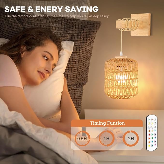 Rattan Wall Sconce Battery Operated Set of 2,Rechargeable Wall Light with Remote Control,Farmhouse Boho Wall Sconce Dimmable,Wireless Rustic Wall Lamp Indoor for Bedroom Living Room hallways foyer.