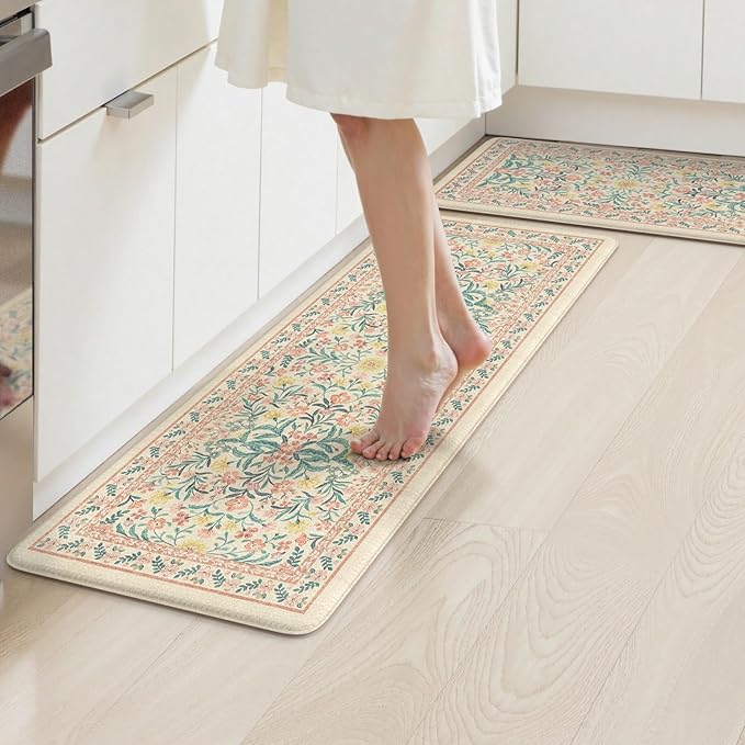 Collive Kitchen Mats for Floor, Cushioned Anti Fatigue Mat Non Skid Waterproof Kitchen Rugs Set of 2, Modern Floral Comfort Standing Rug for Home, Office, Sink, Laundry, 17"x29"+17"x47", Pink