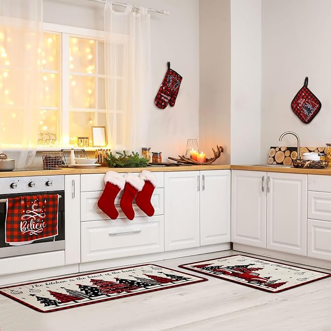 10 Pcs Christmas Kitchen Decor Set Kitchen Towels and Rugs Oven Mitts Pot Holders Absorbent Towels for Baking Cooking BBQ Gifts Home Decor(Red,Christmas Tree)