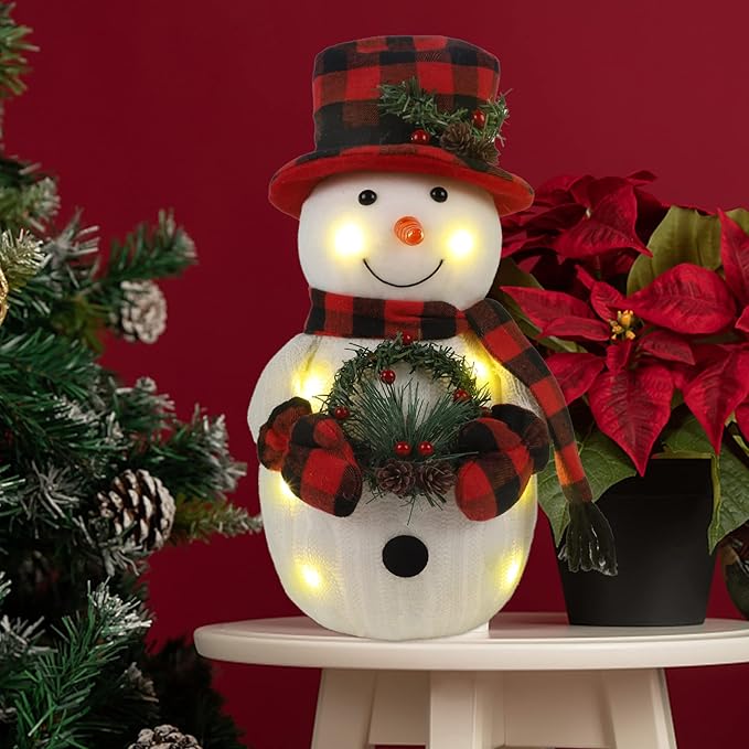 Christmas Lighted Snowman, 12" Snowman with Wreath Christmas Table Decorations, Red Black Plaid Snowman Xmas Decor for Home Kitchen Holiday Party