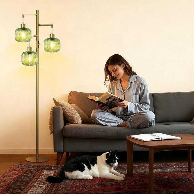 Glass Floor Lamps for Living Room, Stepless Dimmable Tree Standing Lamp with Green Lamp Shape, 69In Modern Tall Lamps for Bedroom, Rotary Switch, 3×600LM LED Bulbs Included