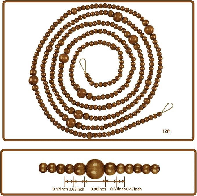 12 Feet Christmas Wooden Beads Garland Round Craft Farmhouse Vintage Wood Bead Garlands for Xmas Decoration Supplies(Coffee)
