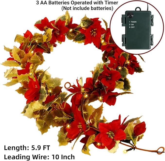 Glintoper 2 Pack Christmas Poinsettia Garland, 5.9 FT Lighted Artificial Garlands with 36 Red Flowers, Battery Operated with Timer Poinsettia String Lights, Light up for Xmas New Year Home Decor