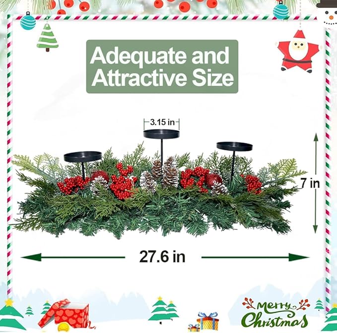 27.6" Christmas Table Centerpiece with Lighs Christmas Candle Holders with 3 Trays Red Berries Balls Pine Cones Christmas Pine Garland Lights Decoration for Centerpiece Table Mantel Holiday Home Decor