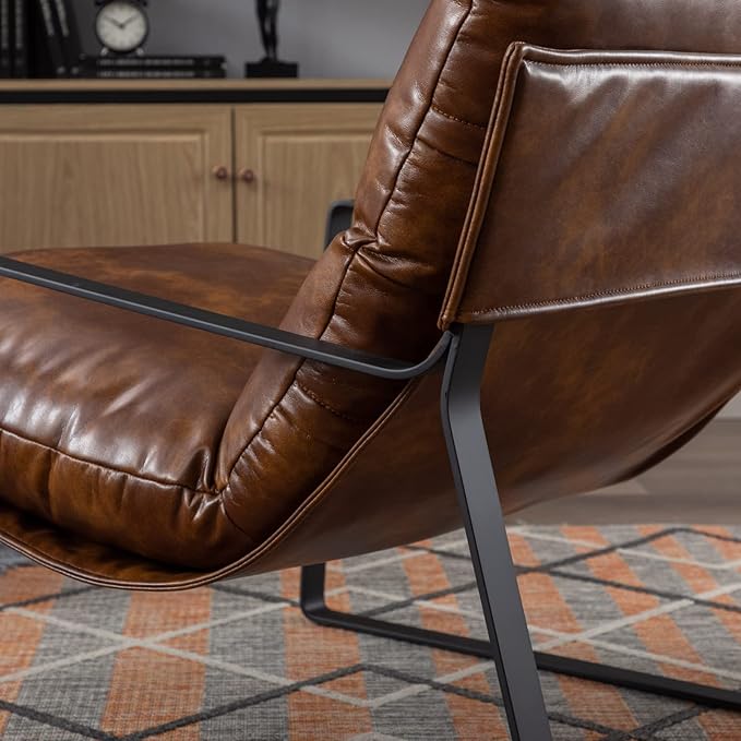 Mid-Century Accent Chair, Comfy PU Leather Side Chair with Armrest, Upholstered Leisure Chair with Black Metal Frame for Living Room Bedroom Reception Room, Brown