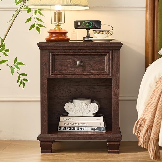 Farmhouse End Tables Living Room Set of 2, Rustic Wood Nightstand with 1 Drawer, Brown Bedside Table with Open Shelf for Bed Room, Side Tables for Living Room, Walnut