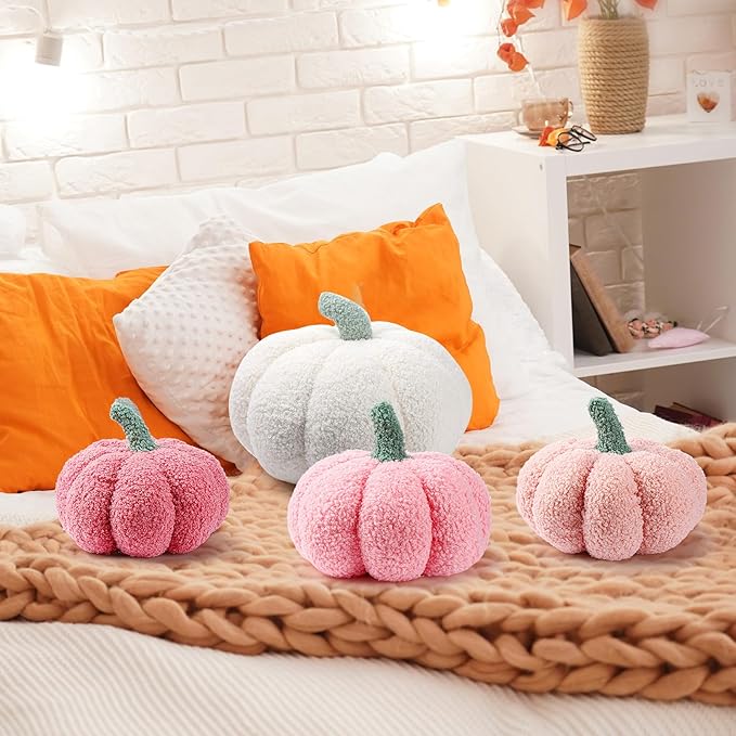 Kajaia 4 Pcs Fall Decor Pumpkin Throw Pillow Fall Pillow 11 Inches 7 Inches 3D Cushion Thanksgiving Sherpa Plush Fluffy Stuffed for Autumn Halloween Christmas Home Sofa(White, Pink Series)