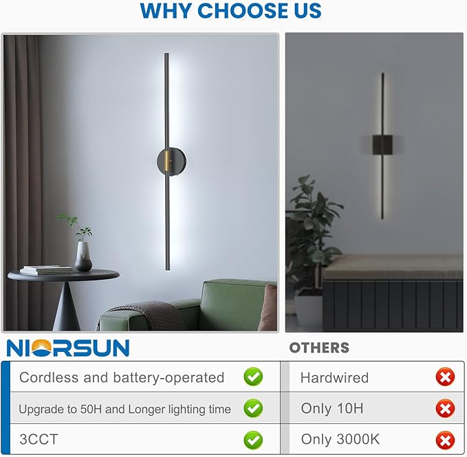 NIORSUN 34 Inch Battery Operated Wall Sconce Set of 2, Black-Gold Round Base Rechargeable Wall Lights with Remote, 3CCT Dimmable Wireless Wall Sconces for Living Room Bedroom Hallway