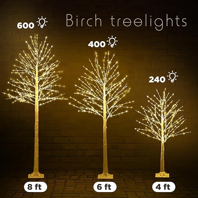 Baquler 12 Pack Lighted Birch Tree - Artificial LED Warm-White Light Birch Tree Decoration for Christmas Holiday Party Wedding Festival Decor, Indoor & Outdoor (4 6 8 ft)
