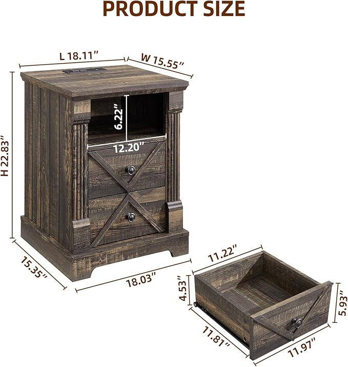 Farmhouse Nightstand with Charging Station, 18" Modern Wood Side Table, 2 Drawers End Table & Roman Column Design for Living Room, Bedside Table with Open Shelf for Bed Room, Dark Rustic Oak