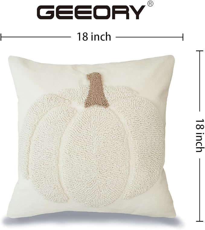 GEEORY Fall Pillow Covers 18x18 inch, Embroidered Pumpkins Throw Pillows Farmhouse Thanksgiving Decor Canvas Cushion Case for Sofa & Bed Home Decorations (Beige) GX001-1-18