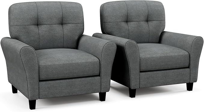 Giantex Modern Mid-Century Accent Chair Set of 2 - Linen Living Room Chair with Tufted Back, 7" Thick Cushion, Max Load 400 lbs, Upholstered Armchair, Club Chair for Bedroom, Grey