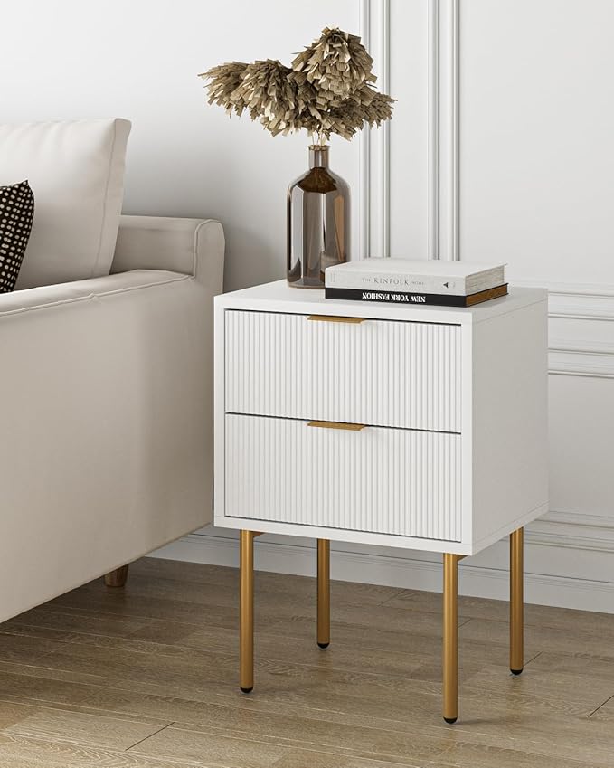 Masupu Nightstand,Mid-Century Modern Bedside Table with 2 Storage Drawer,Small Gold Frame Side End Table for Bedroom,Living Room, White