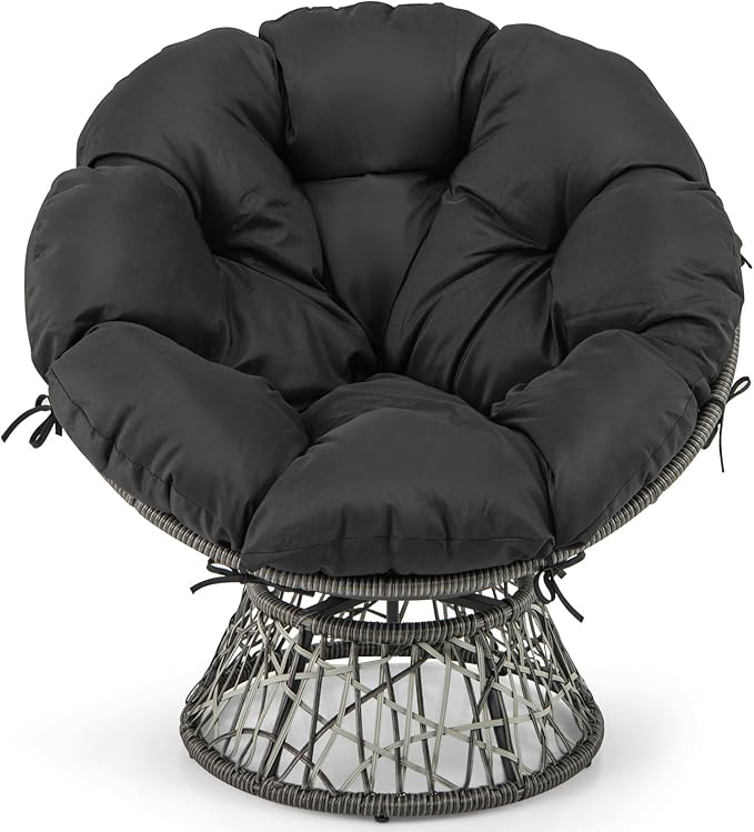 RELAX4LIFE Swivel Wicker Papasan Chair - 360° Rotatable Comfy Circle Chairs with Cushion and Frame for Indoor & Outdoor, Oversized Lazy Lounge Reading Chair for Bedroom, Living Room, Balcony, Patio