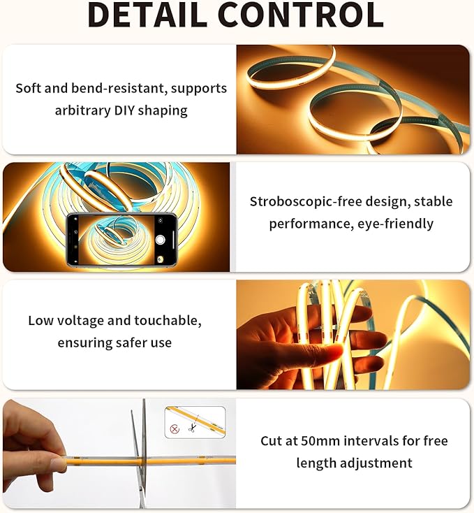 COB LED Strip Light 3000K 40FT/12M Warm White High Lumen Dimmable Strip Paired with RF Remote 24V UL Certified Adapter Suitable for Bedroom Cabinets