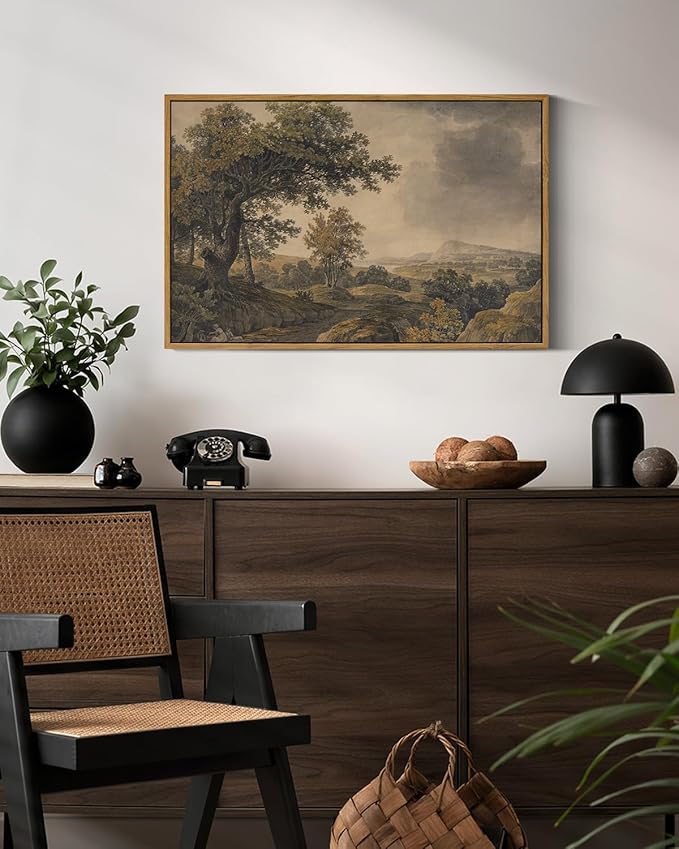 VIYYIEA Vintage Framed Canvas Wall Art, Antique Tree Mountain Art Prints, Classical European Landscape Decor for Living Study Room Bedroom Hallway Fireplace Office, Rustic Country Decor,16x24 Inch