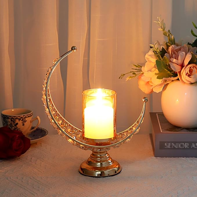 OwnMy Set of 2 Gold Moon Shaped Crystal Pillar Candle Holders Tealight Holders with Glass Covers, Metal Crystal Moon Pillar Candle Stands Votive Candlesticks Candle Lamps for Table Centerpieces