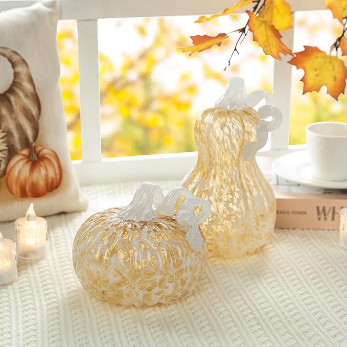 Glitzhome 8.5" H Fall Amber Dots Glass Gourd,Hand Blown Glass Pumpkin Crystal Pumpkin Halloween Pumpkin Decor Table Accent Collectible Figurine for Fall Harvest Thankgiving Decorating