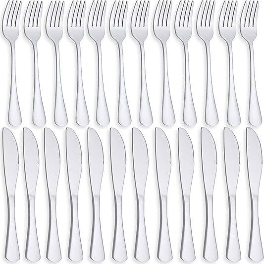 24 Piece Forks And Knives Set, Premium Stainless Steel Silverware Set - 12 Knives & 12 Forks for Home & Hotels, Mirror Polished & Dishwasher Safe(24 Pieces Cutlery Set for 12)