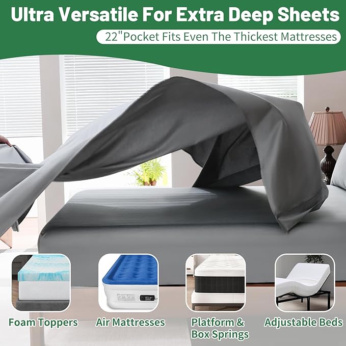 Extra Deep Pocket King Sheets 18-24 Inch 100% Egyptian Cotton 1000 Thread Count Sateen Weave Soft Breathable 4 Pieces(King,Grey)