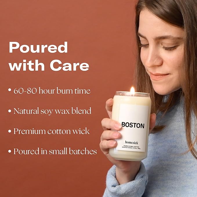 Homesick Scented Candles for Home (Boston) - 13.75 oz Long-Lasting Soy Wax Jar Candle for Women & Men for All Occasions, 60-80 Hours Burn Time - Notes of Orange, Tea & Nutmeg