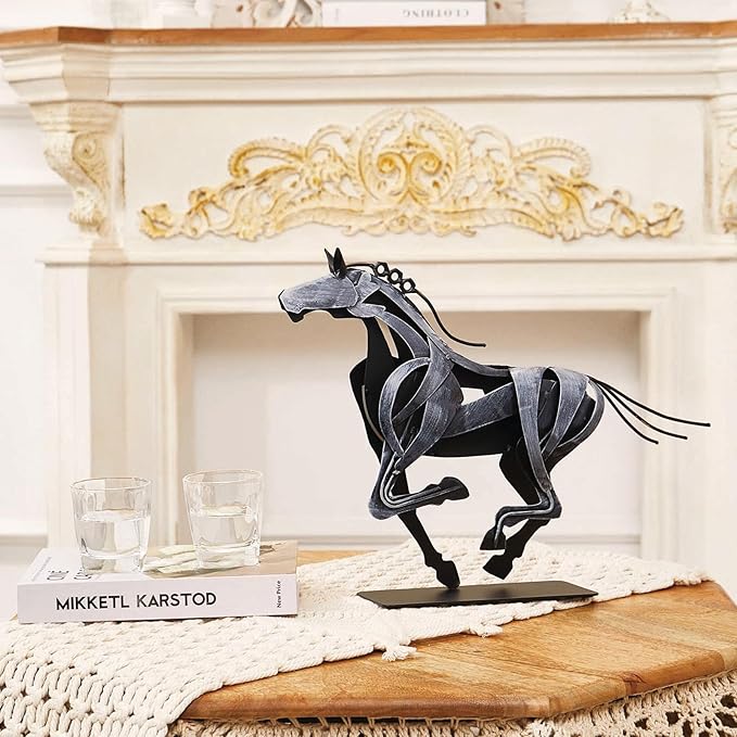 Horse Statue, Unique Metal Art Sculpture for Vintage Home Decor, Modern Decor, Gift for Horse Lovers (Grey)